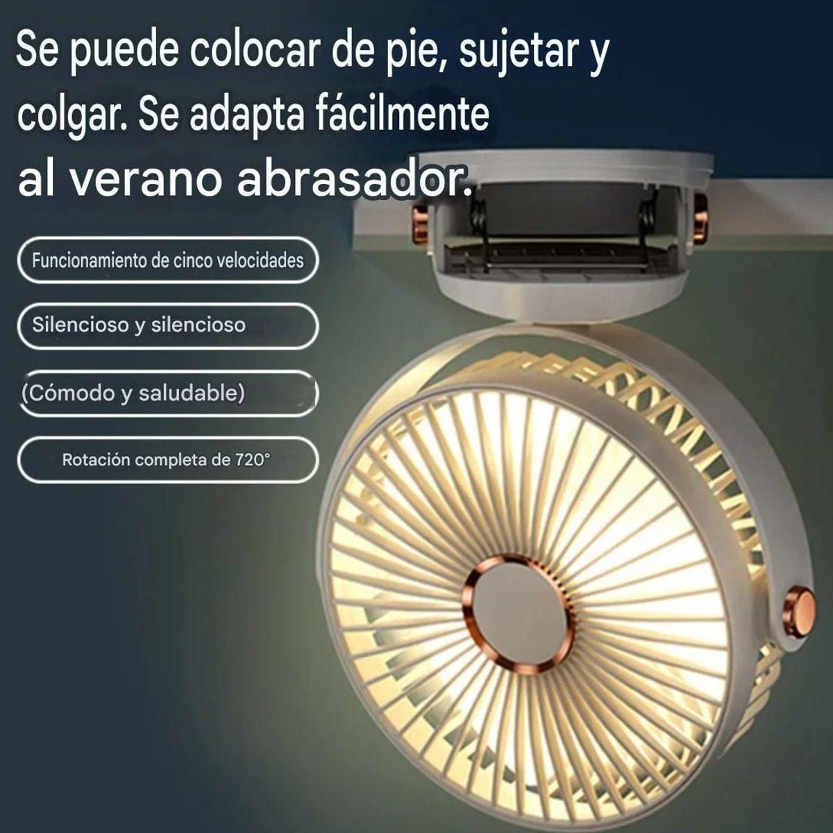 GENERICO - Ventilador Portatil 3 en 1 luz led carga usb muro, escritorio o gancho