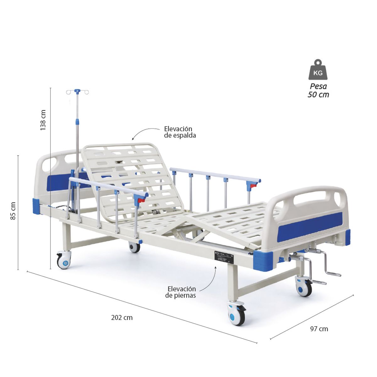 ACQUI - Catre clínico con barandas colchón porta suero y ruedas reforzadas Acqui