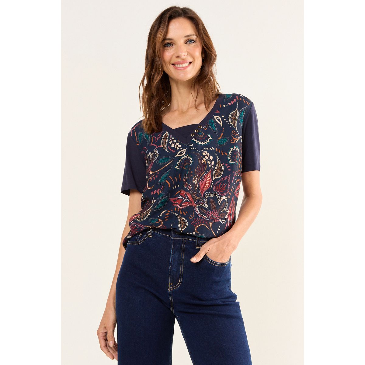 MA GRIFFE - Polera Estampada Doble Tela Mujer Azul Magriffe