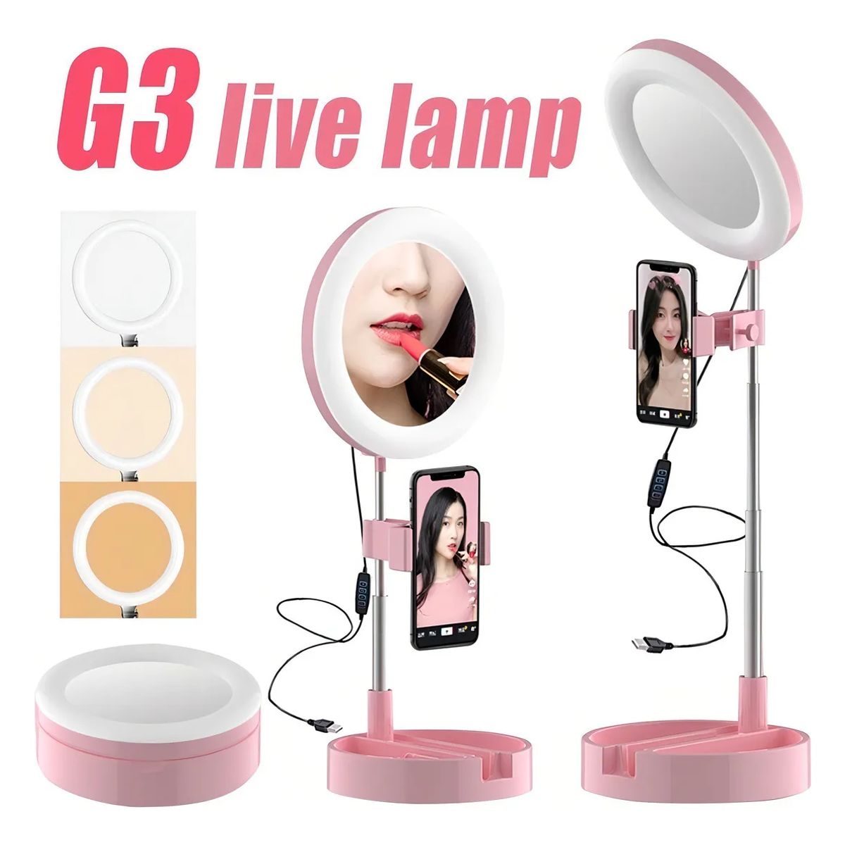 GENERICO - Aro de Luz LED Mai Appearance con Espejo y Soporte Celular USB Rosa