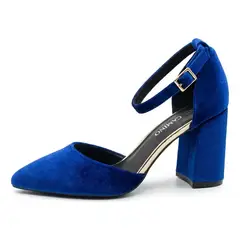 BOVINITA - Zapato Mujer Azul Taco Alto Grueso Ancho Terciopelo Fiesta