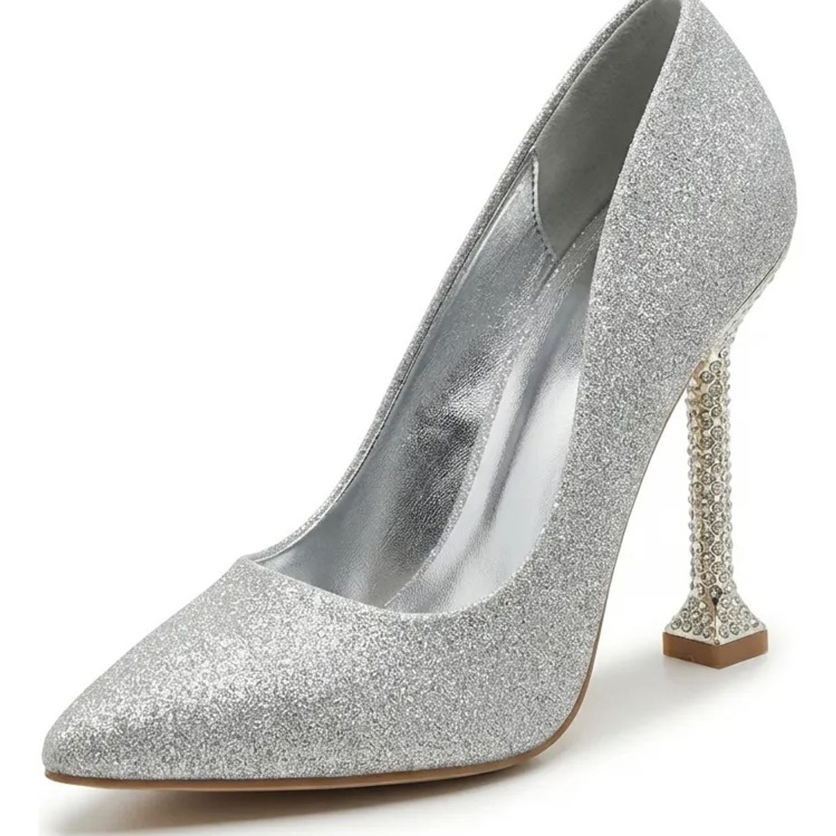 BOVINITA - Zapato Mujer Stiletto Plateado Fiesta Taco Alto Brillos 10 Cm