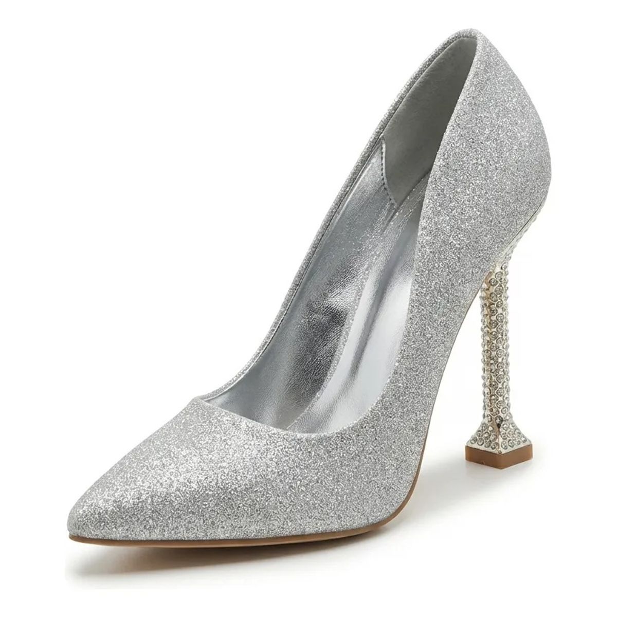 BOVINITA - Zapato Mujer Stiletto Plateado Fiesta Taco Alto Brillos 10 Cm