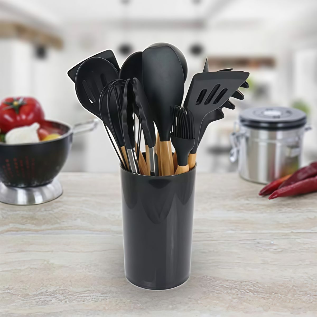 GENERICO - Set 12pcs Utensilios De Cocina De Silicona Antiadherentes Negro