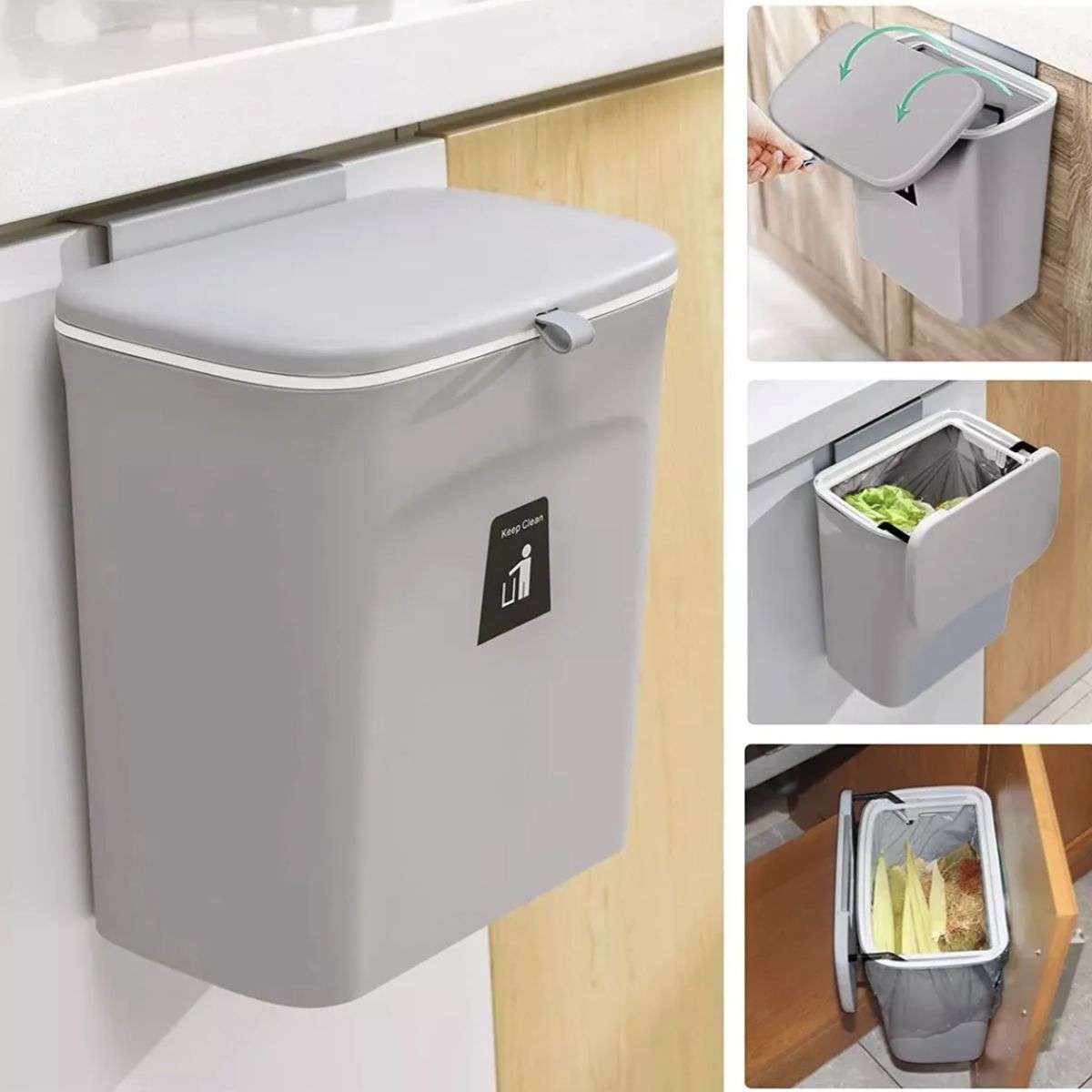 MOMO - Cubo De Basura Colgante Con Soporte De Gabinete De 9 Litros Basurero Con Tapa Para Cocina Oficina