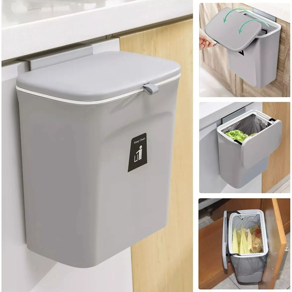 MOMO - Cubo De Basura Colgante Con Soporte De Gabinete De 9 Litros Basurero Con Tapa Para Cocina Oficina