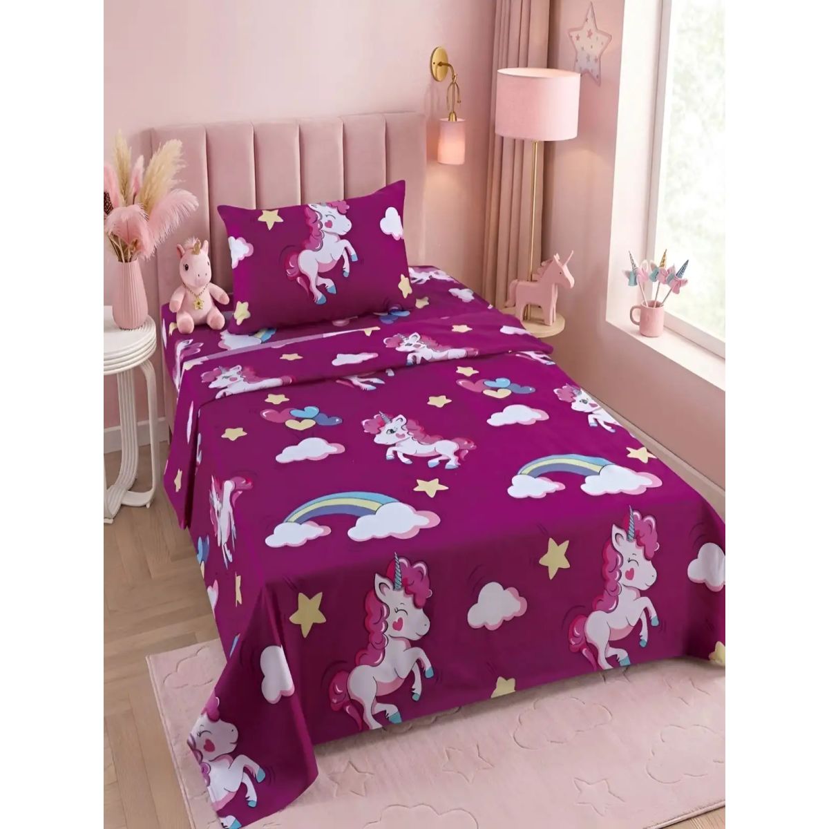 GENERICO - Sábanas infantiles  1,5 Plazas Diseño unicornio morado ultra suave