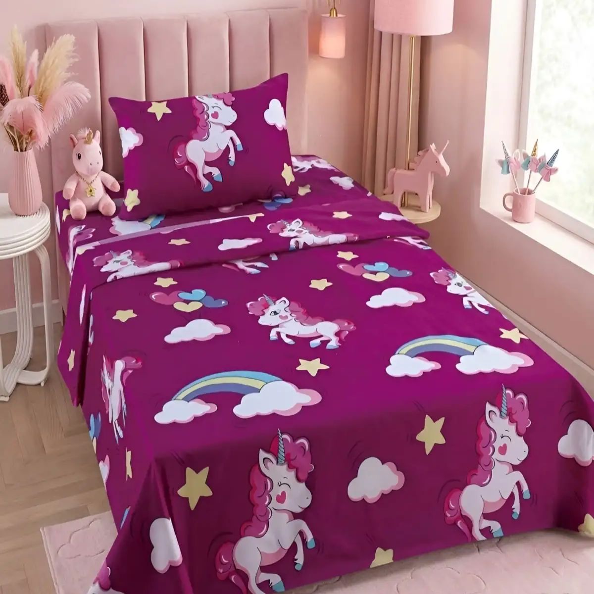 GENERICO - Juego De Sábanas Microfibra  1 Plaza Diseño unicornio morado