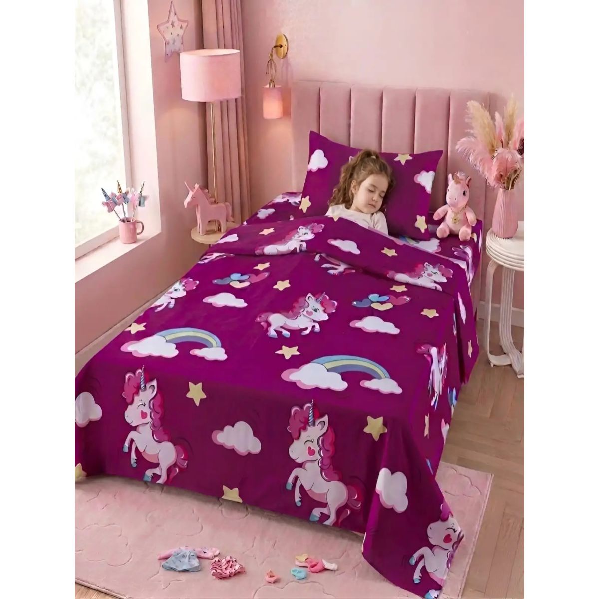 GENERICO - Juego De Sábanas Microfibra  1,5 Plazas Diseño unicornio morado