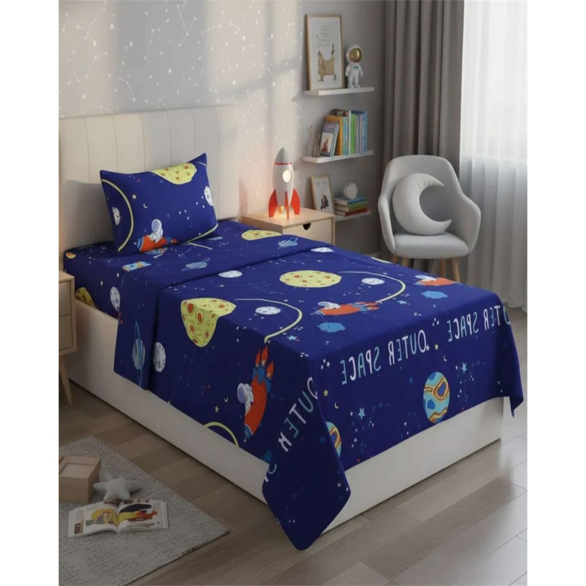 GENERICO - Juego de Sabanas de verano Planeta Astronauta Infantil 1 plaza  MAS 1 ALMOHADA