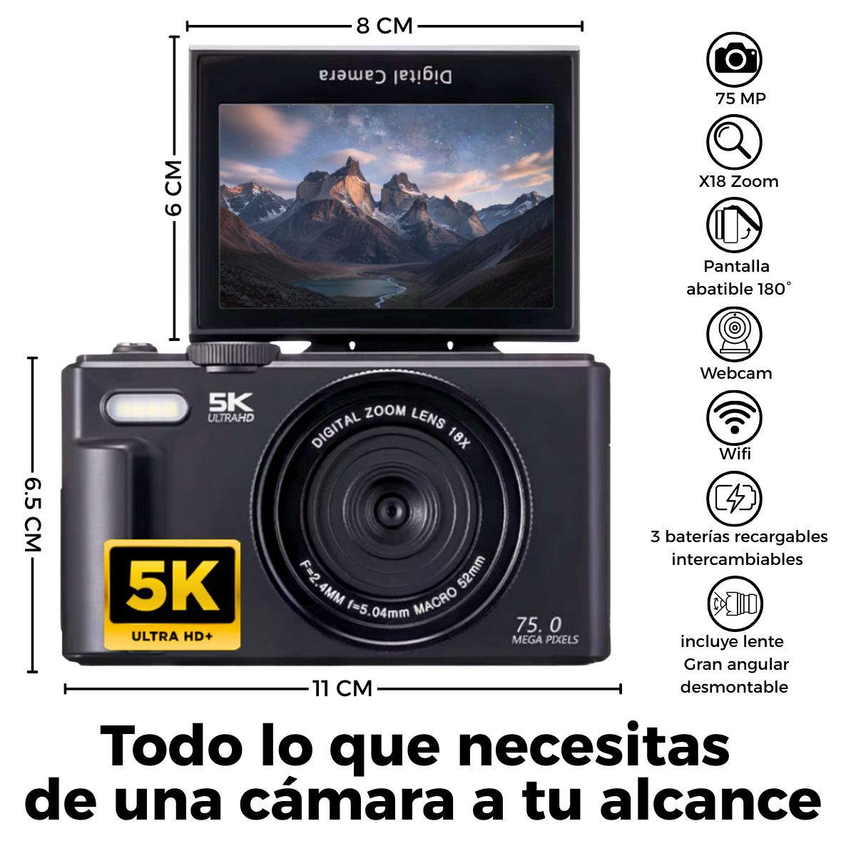 GENERICO - Cámara Digital 5k 75 Mp pantalla abatible + Lente De Gran Angular + accesorios 64 GB