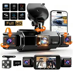KUANGYE - 1080p Ultra Cámara Para Auto Dash Cam 4 Cámara Gps Wifi+64gb
