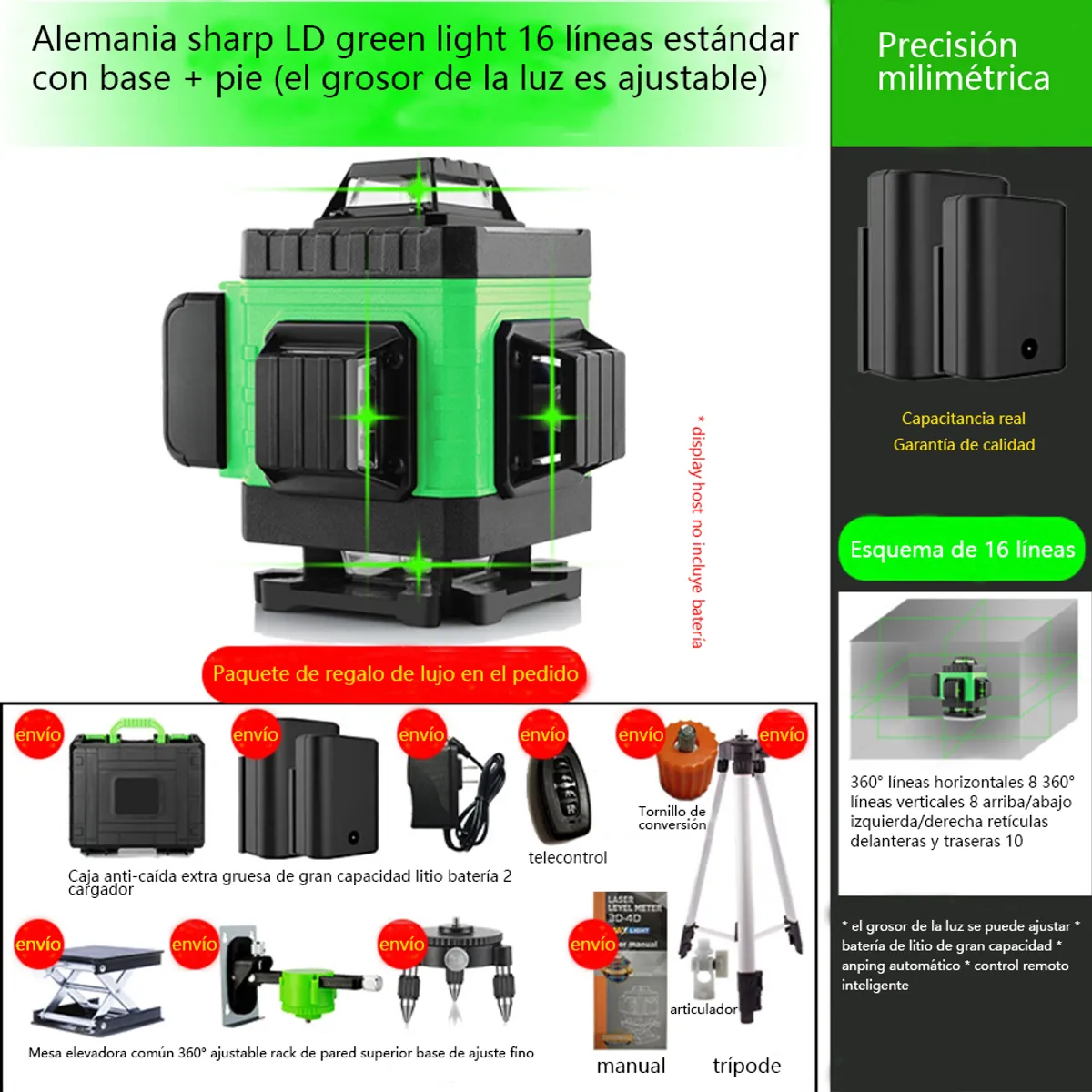 KINDA NICE - Nivel De Laser Autonivelante Verde De 16 Líneas+trípode+caja