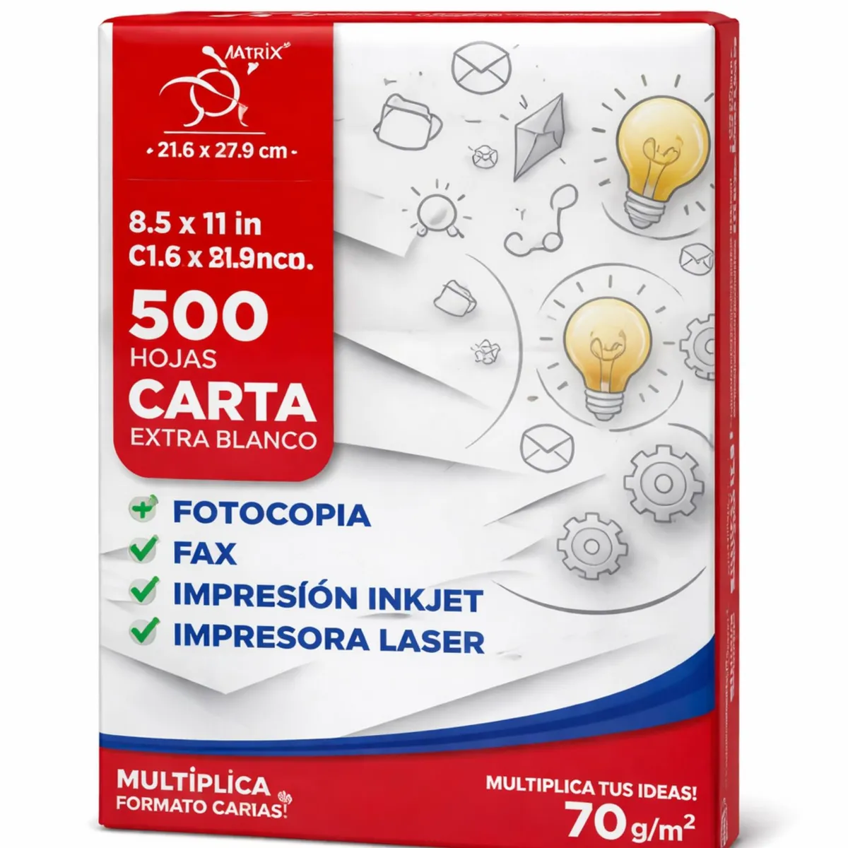 GENERICO - Resma Papel Carta 500 Hojas Blanco 70g Impresora 1 Unidad