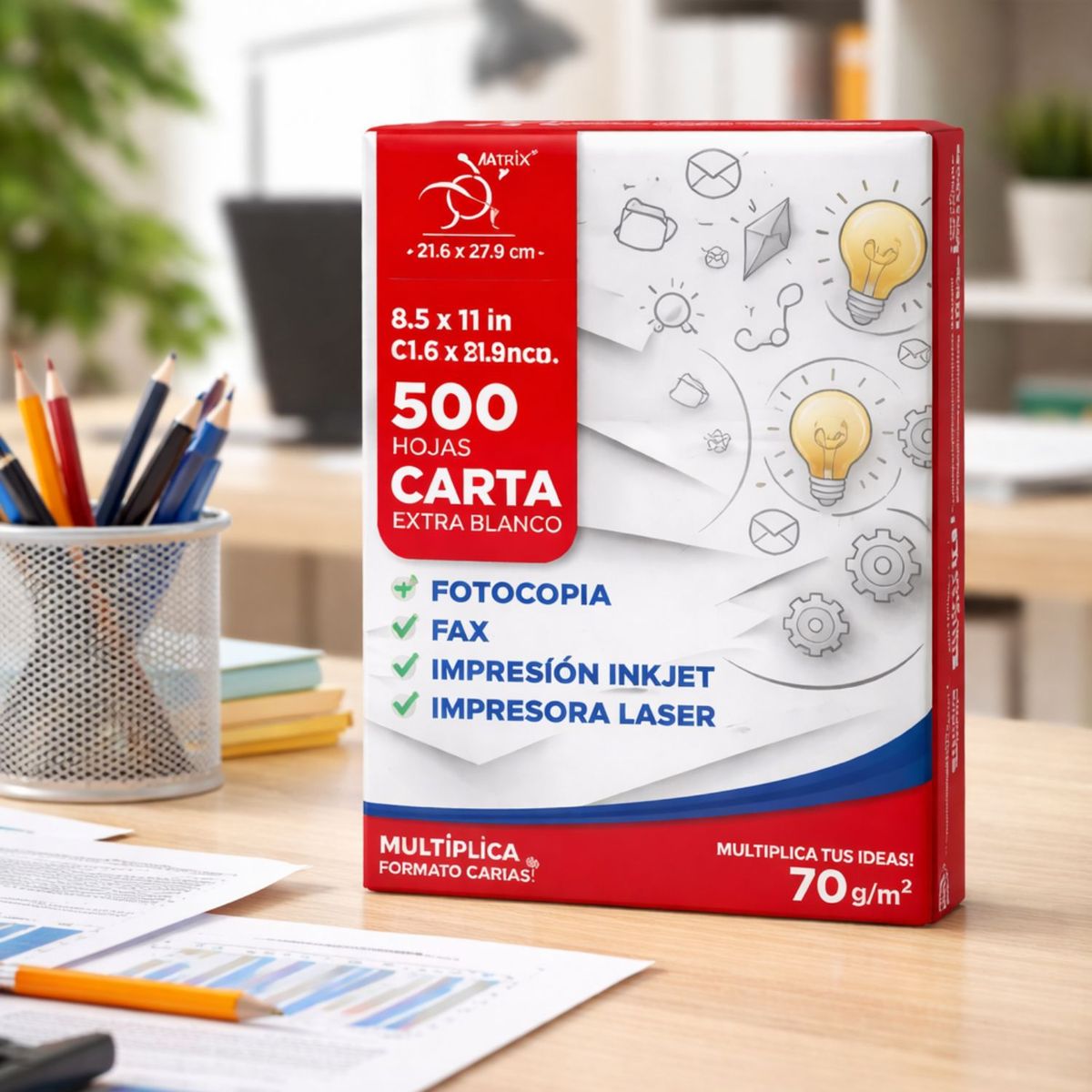 GENERICO - Resma Papel Carta 500 Hojas Blanco 70g Impresora 1 Unidad