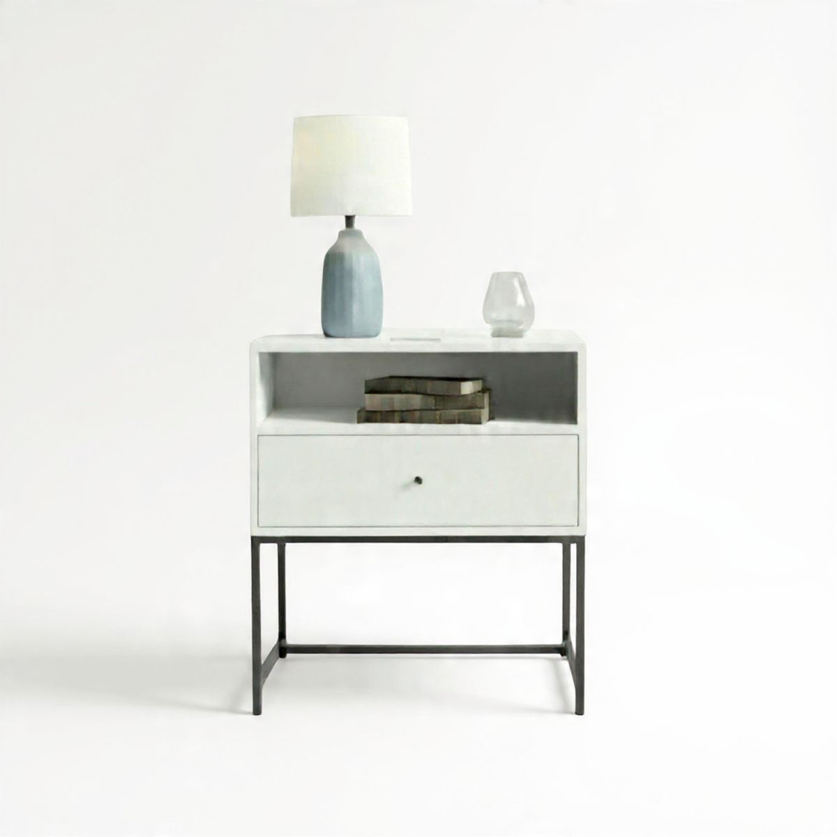 ZIELMIX - Set Veladores de Dormitorio Blanco con Cajón y Estructura Metálica