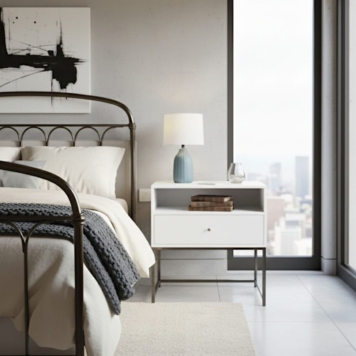 ZIELMIX - Set Veladores de Dormitorio Blanco con Cajón y Estructura Metálica