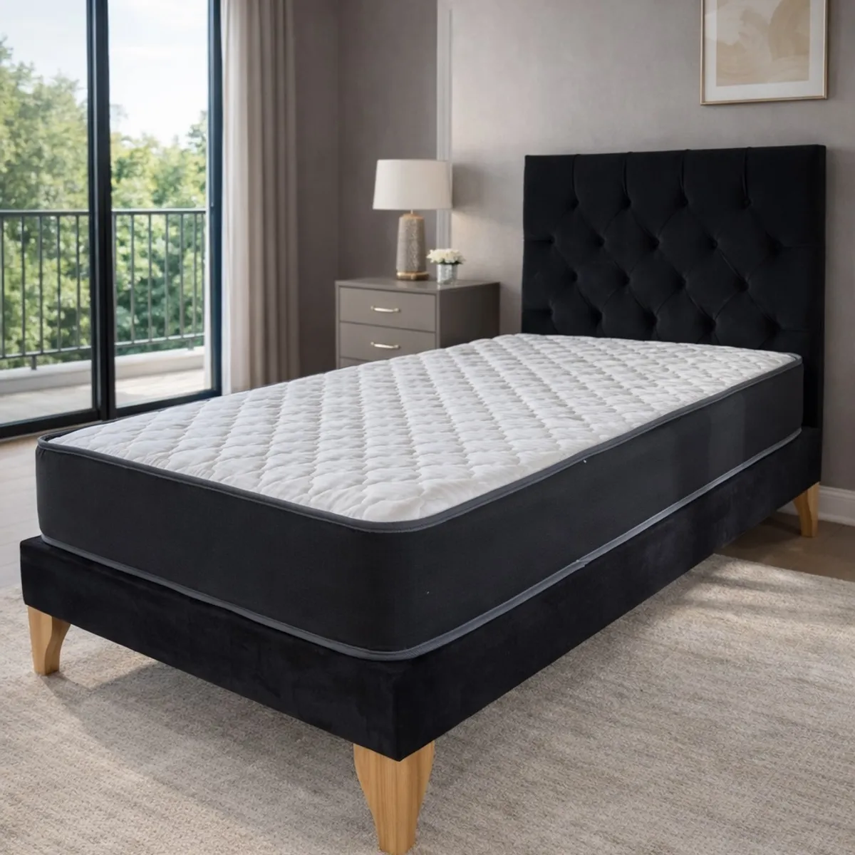 GENERICO - Set Cama 1 Plaza Con Colchón híbrido + Box Tapizado + Respaldo Capitone Negro