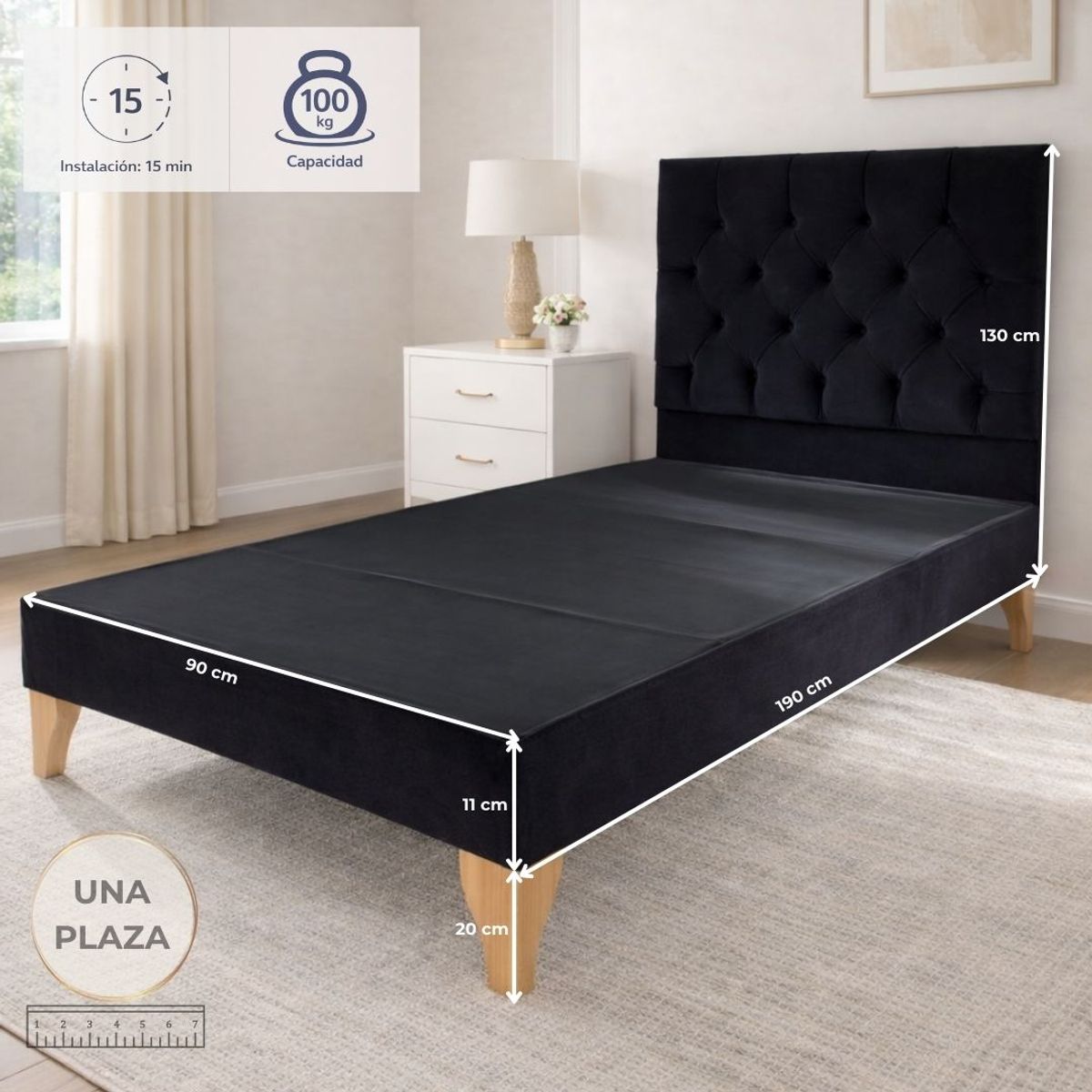 GENERICO - Set Cama 1 Plaza Con Colchón híbrido + Box Tapizado + Respaldo Capitone Negro