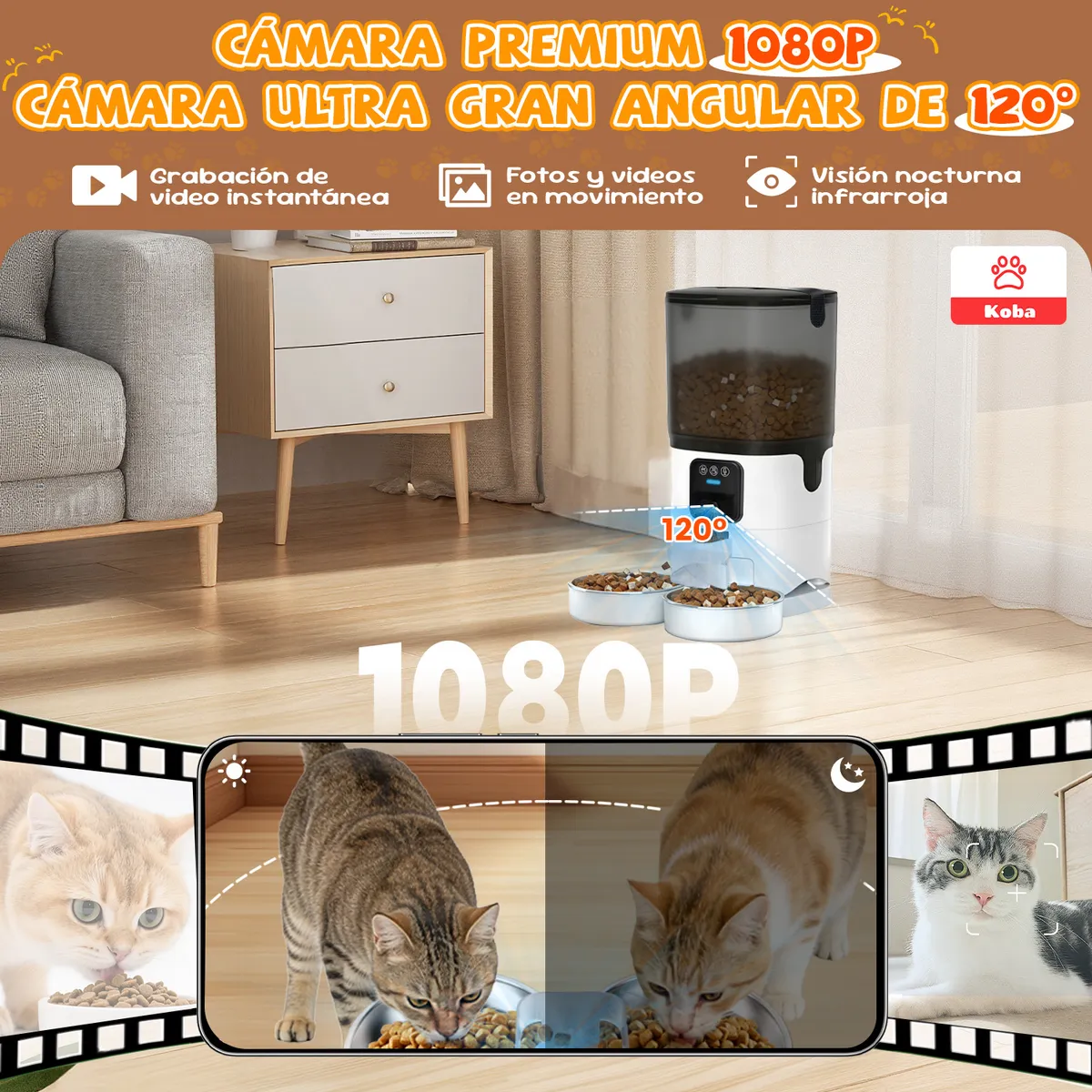 KOBA - Dispensador Alimento Automático Mascota Cámara 1080p Wifi 7L Blanco