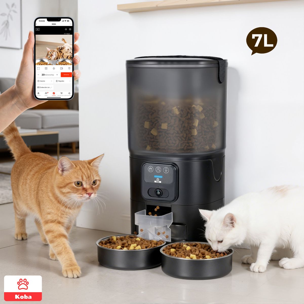 KOBA - Dispensador Alimento Automático Mascota Cámara 1080p Wifi 7L Negro