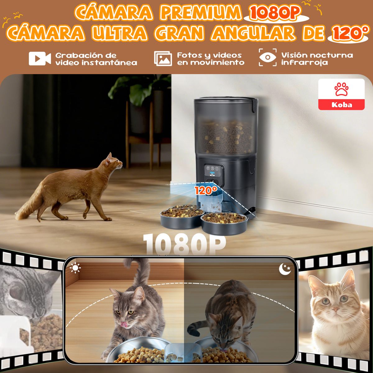 KOBA - Dispensador Alimento Automático Mascota Cámara 1080p Wifi 7L Negro