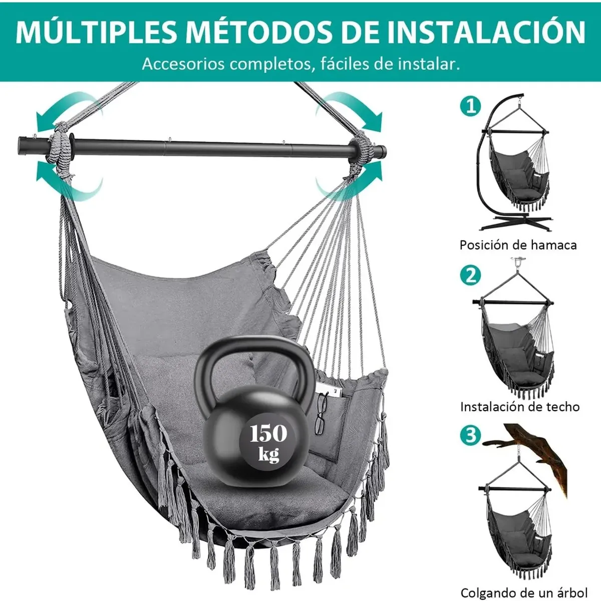 EVERSO - Silla Hamaca Colgante Para Exteriores Columpio + Cojines