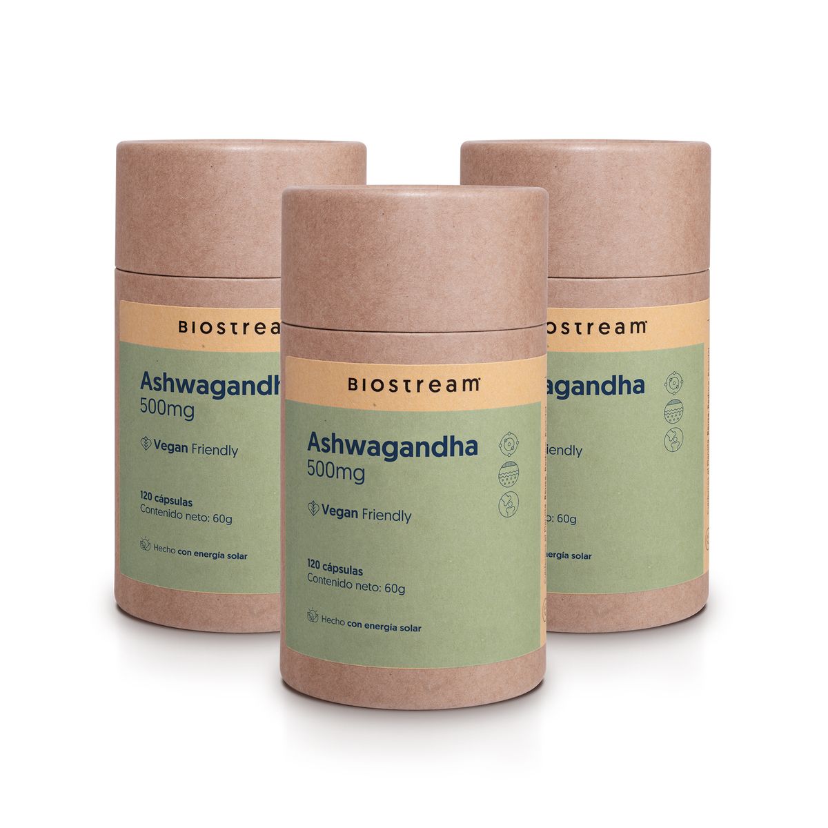 BIOSTREAM - Pack x 3 Ashwagandha 500mg 120 Cápsulas Vegana Biostream