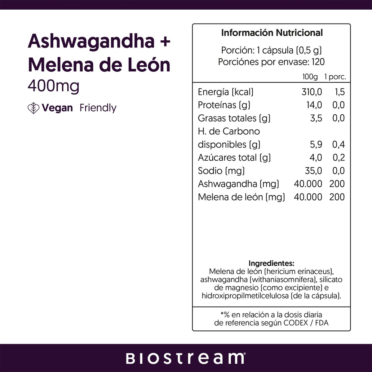 BIOSTREAM - Ashwagandha + Melena de León 400mg 120 Caps Vegana Biostream