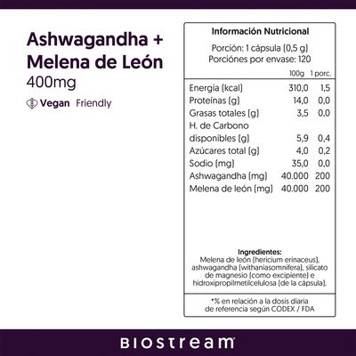 Imagen 2 del producto Ashwagandha + Melena de León 400mg 120 Caps Vegana