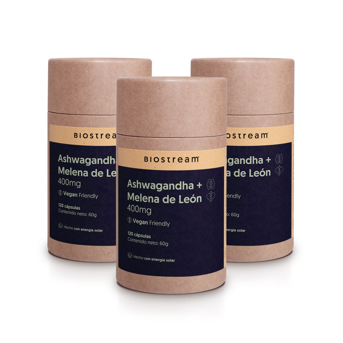 BIOSTREAM - Pack x 3 Ashwagandha + Melena de León 400mg 120 cáps Vegana