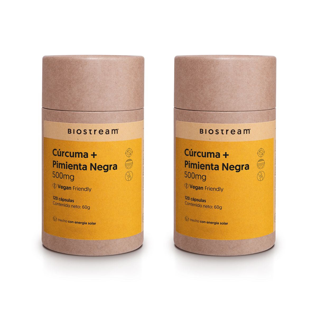 BIOSTREAM - Pack x 2 Curcuma + Pimienta Negra 500mg 120 Capsulas Vegana