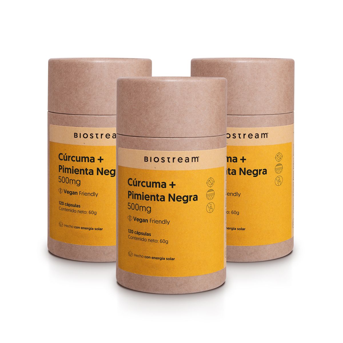 BIOSTREAM - Pack x 3 Curcuma + Pimienta Negra 500mg 120 Capsulas Vegana