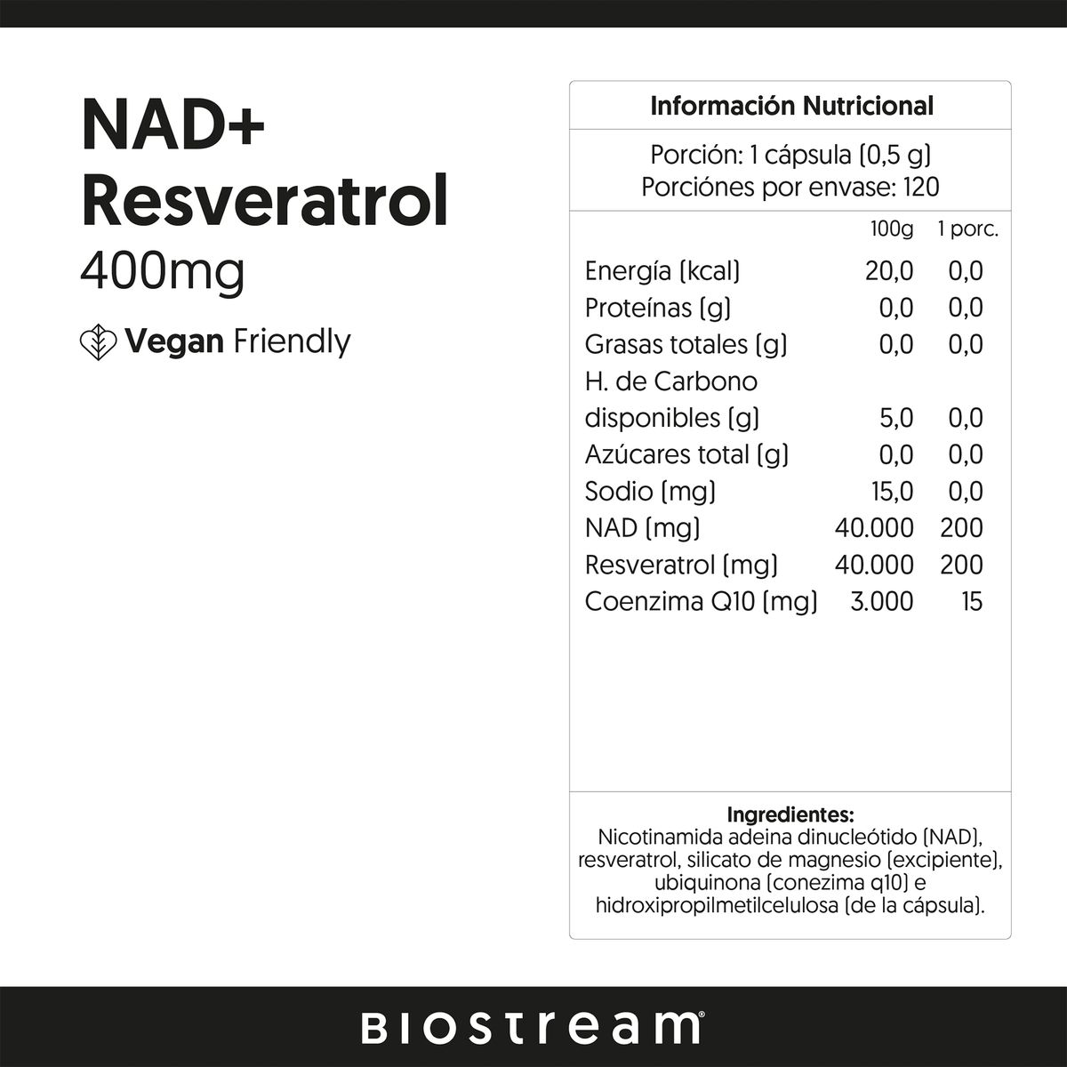 BIOSTREAM - Nad + Resveratrol 120 Cápsulas Vegano Biostream
