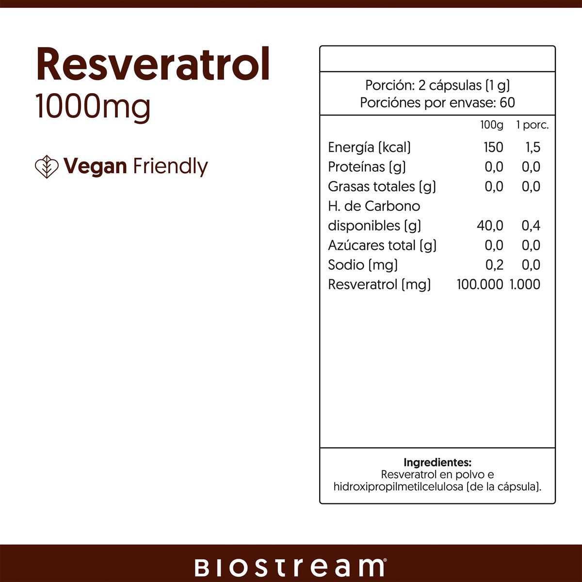 BIOSTREAM - Resveratrol 1000mg 120 Cápsulas Vegano Biostream