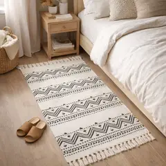 ARMONIA - Alfombra Pie de Cama Lino Étnico Negro 60x90cm 738