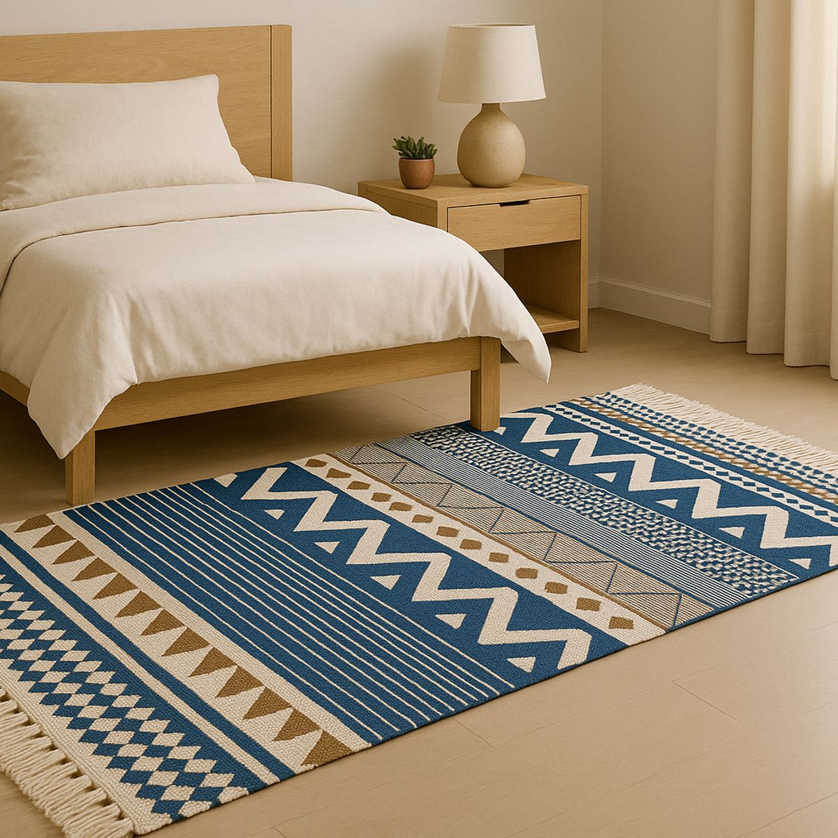 ARMONIA - Alfombra Pie de Cama Lino Étnico Azul y Beige 741