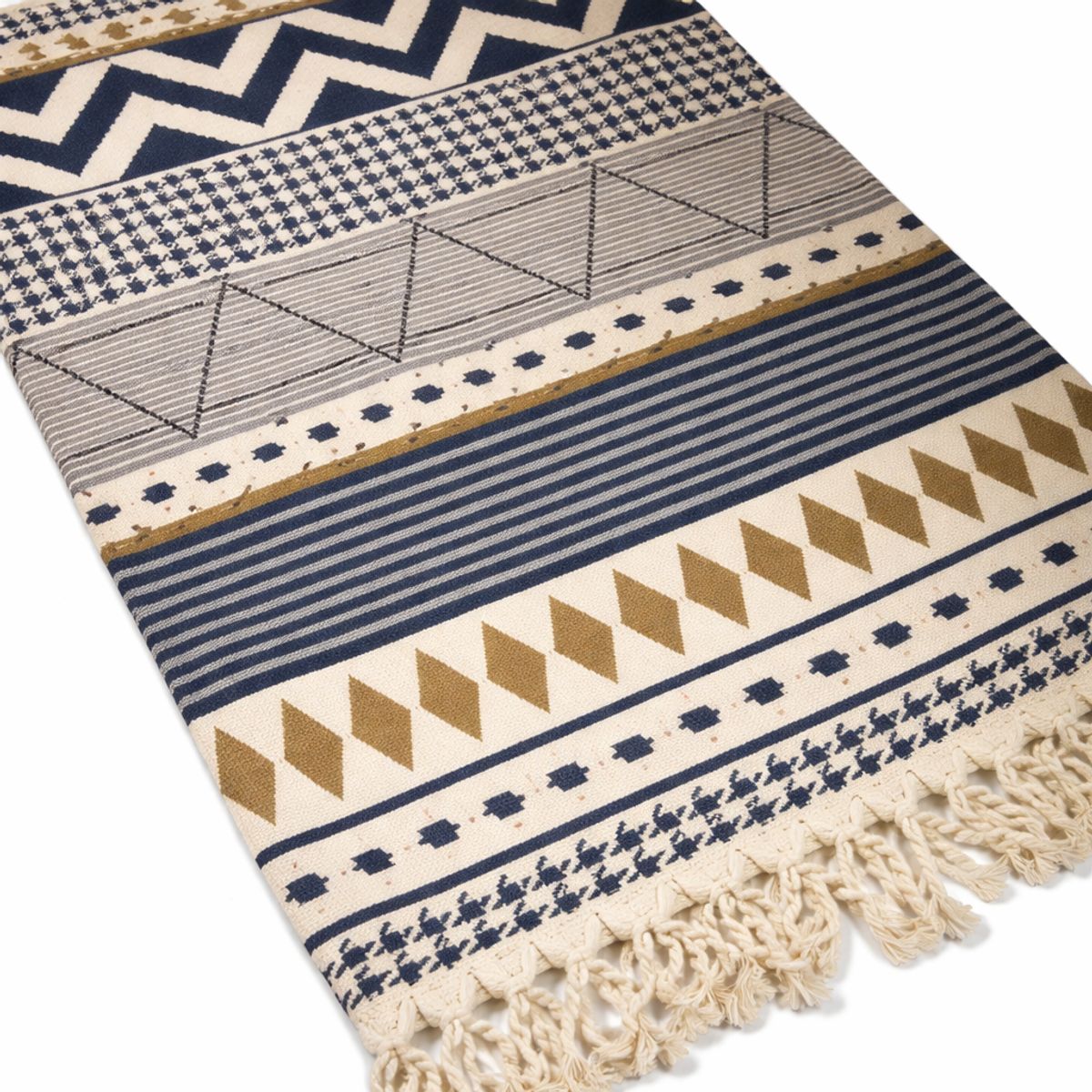 ARMONIA - Bajada de Cama Lino 60x130cm Étnico Azul y Beige 741