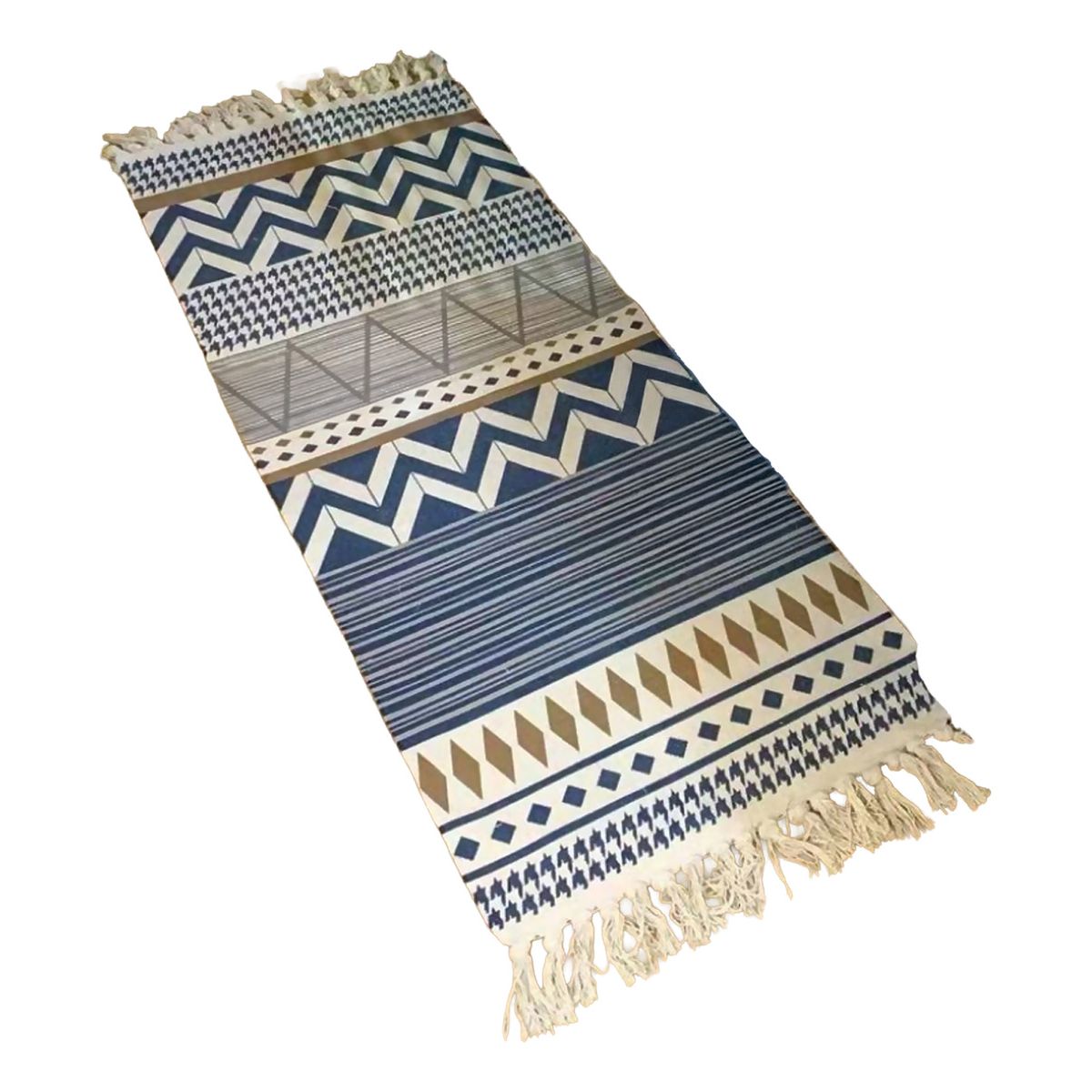 ARMONIA - Bajada de Cama Lino 60x130cm Étnico Azul y Beige 741