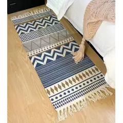 ARMONIA - Alfombra Étnica Azul y Beige 60x130cm de Lino 741