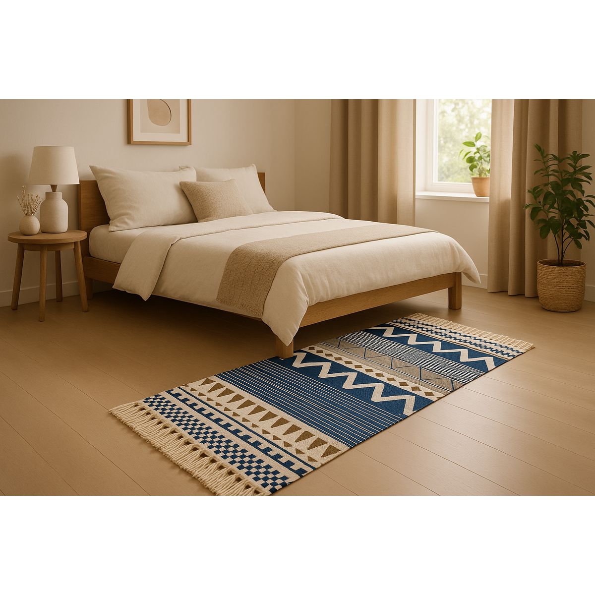 ARMONIA - Bajada de Cama 60x130cm Lino Étnico Azul Beige 741