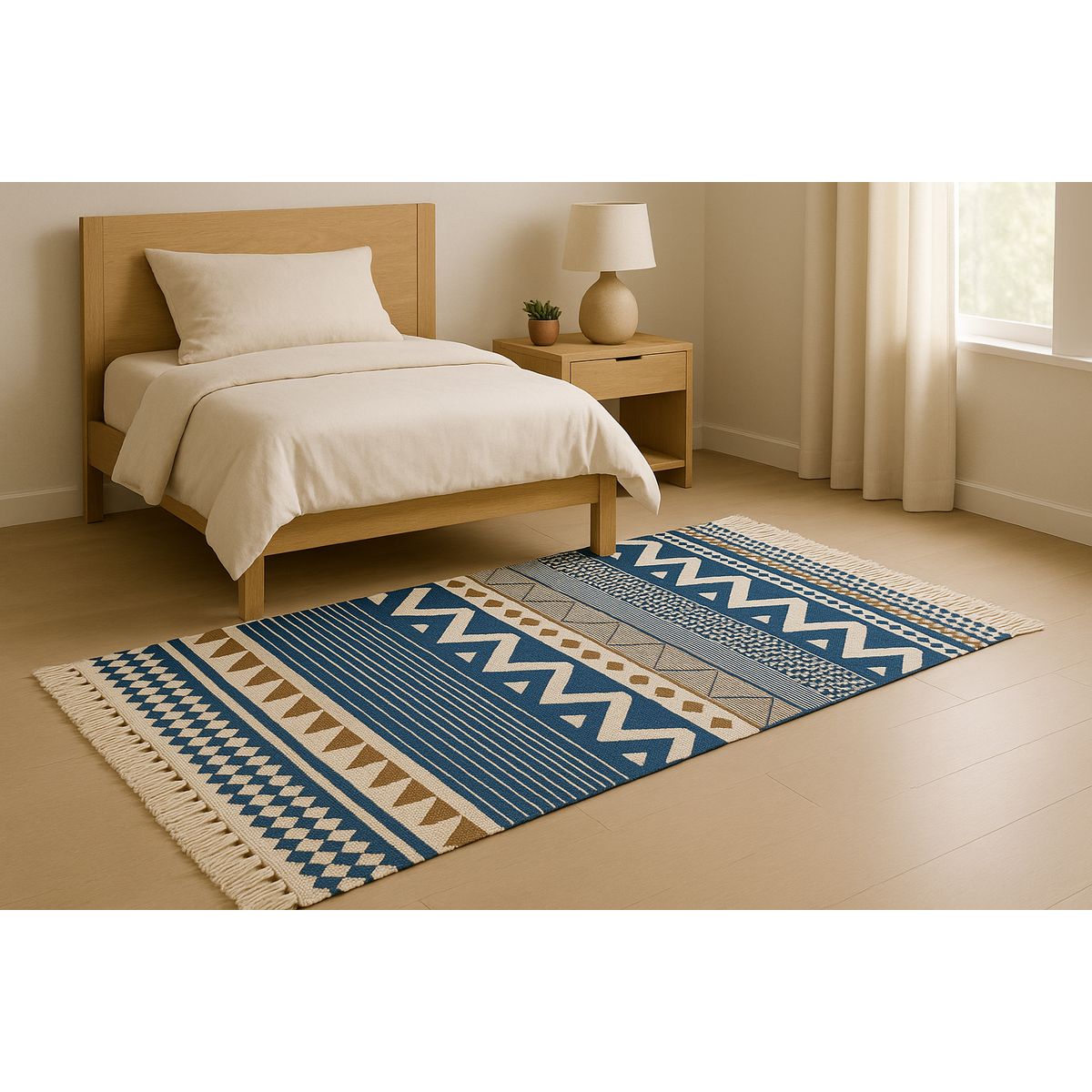 ARMONIA - Alfombra Pie de Cama Lino Étnico Azul y Beige 741