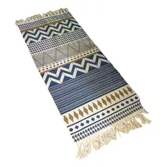 ARMONIA - Bajada de Cama Lino 60x130cm Étnico Azul y Beige 741