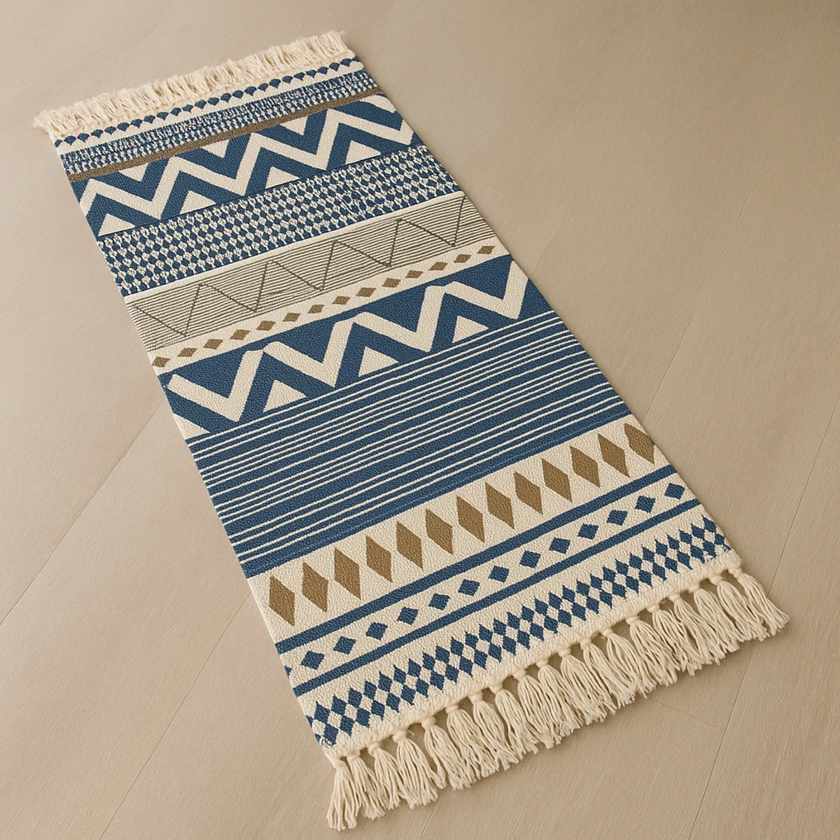 ARMONIA - Tapete Lino 60x130cm Diseño Étnico Azul Beige 741