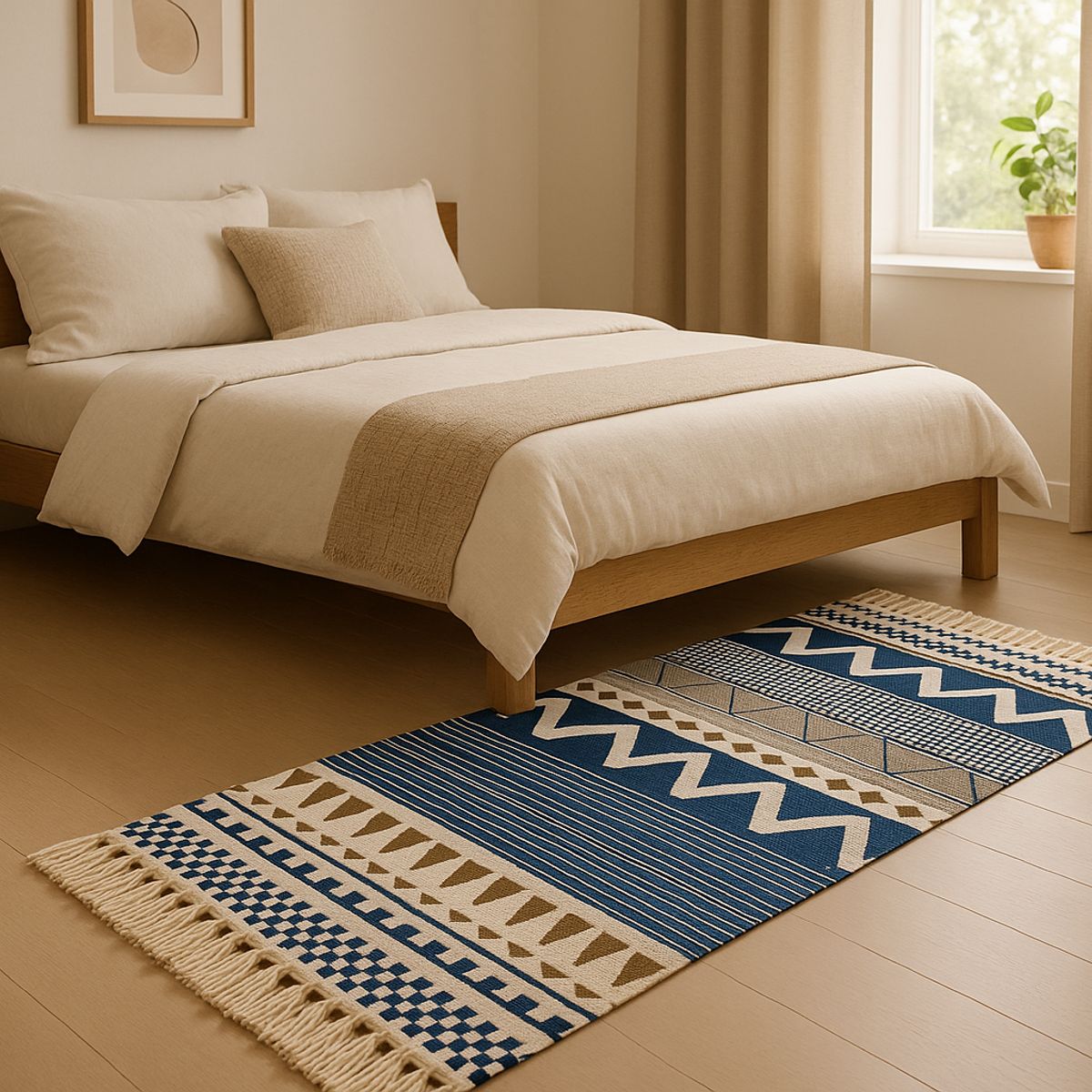 ARMONIA - Bajada de Cama 60x130cm Lino Étnico Azul Beige 741