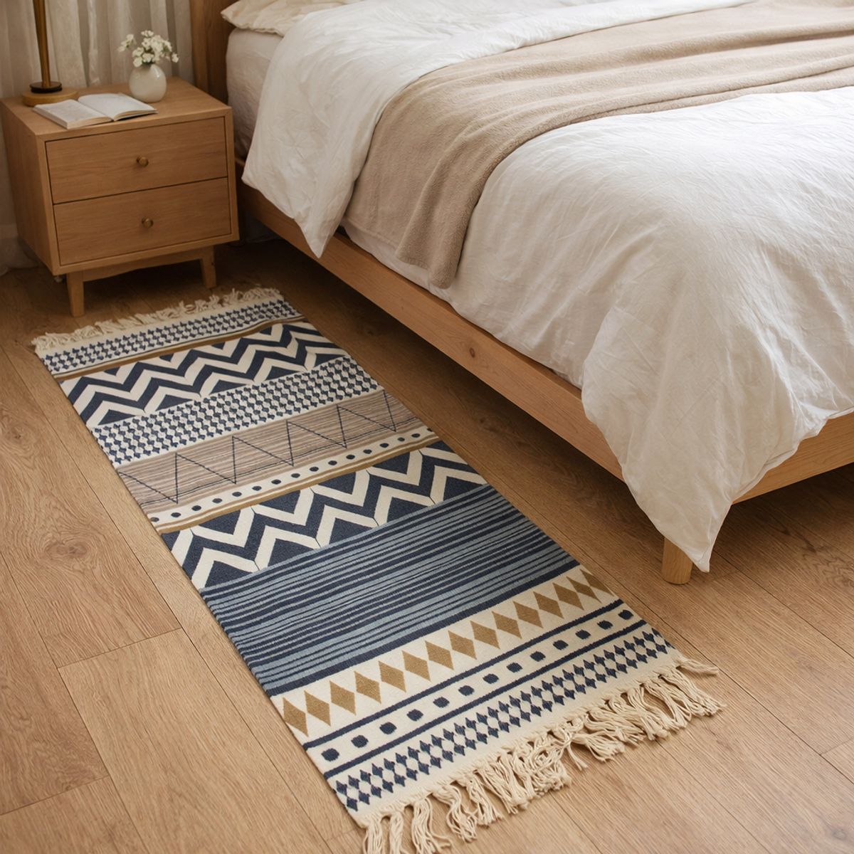 ARMONIA - Bajada de Cama Lino Azul Beige Estilo Étnico 60x130 741