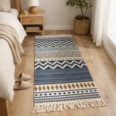 ARMONIA - Tapete Étnico 60x130cm Azul Beige Lino Resistente 741