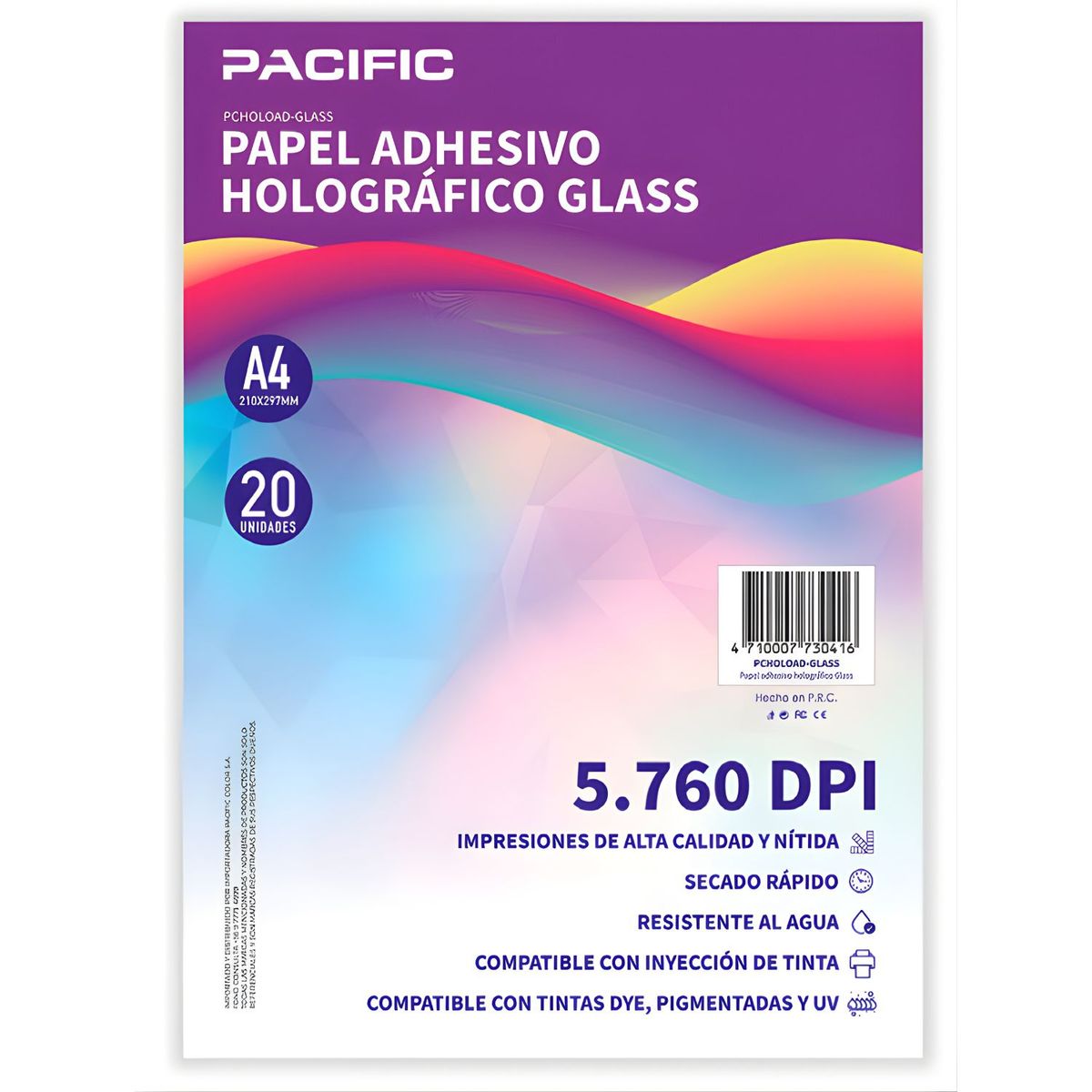 PACIFIC - Papel Adhesivo Holografico 20 Hojas Glass A4 5760 DPI - PS