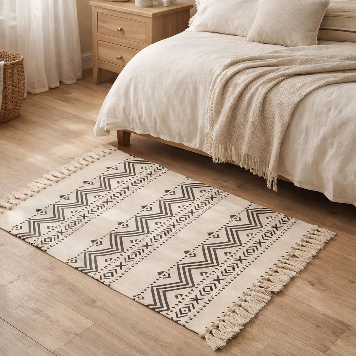 ARMONIA - Bajada de Cama Lino Negro Diseño Étnico 60x90cm 738