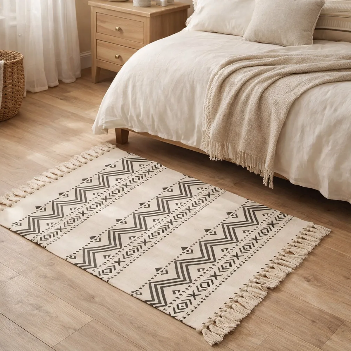 ARMONIA - Bajada de Cama Lino Negro Diseño Étnico 60x90cm 738